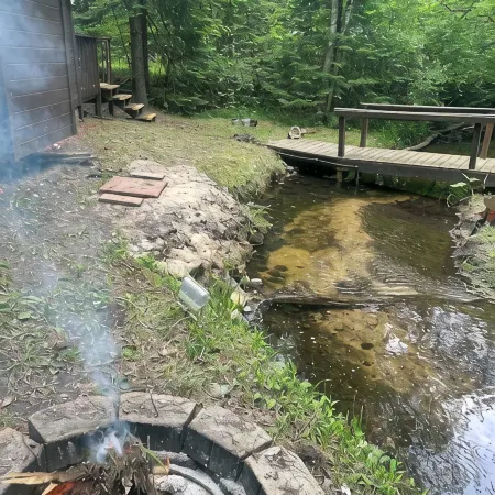 A Stream  runs through it. Comfy little cabin with a stream by your bedroom.