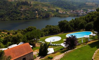 a beautiful view of a resort with a large pool , surrounded by lush greenery and a serene lake at Douro Palace Hotel Resort & Spa