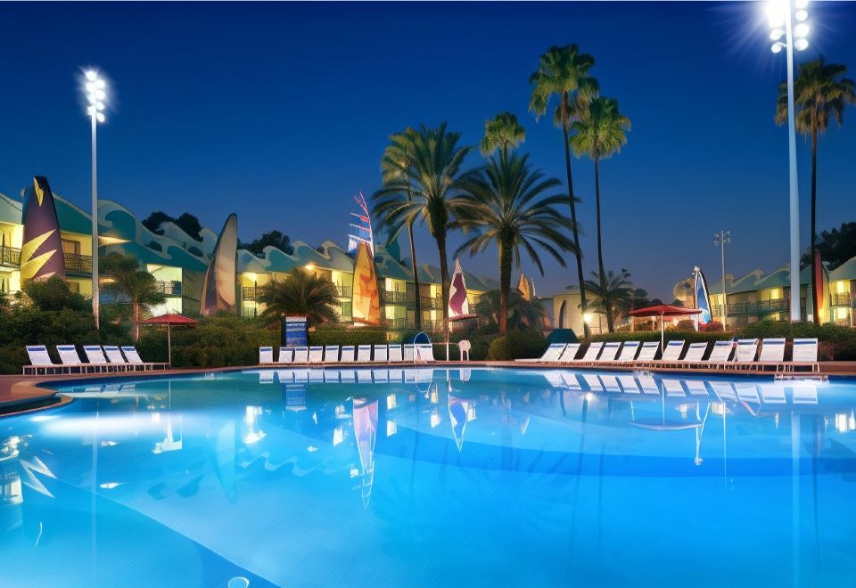 a large swimming pool with a palm tree and other lights in the background , under a dark blue sky at Disney's All-Star Sports Resort