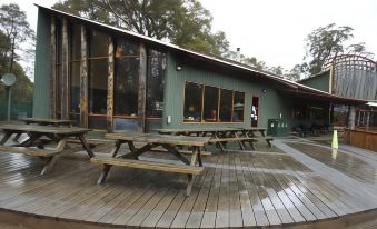 a wooden deck with a row of picnic tables surrounded by trees , creating a serene atmosphere at Lake St Clair Lodge