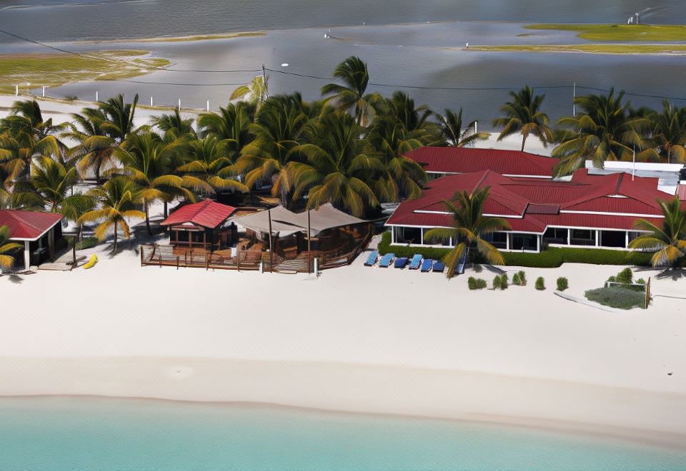 aerial view of a tropical beach with several small buildings , palm trees , and a body of water at Bohio Dive Resort