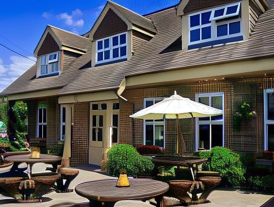 a brick house with multiple umbrellas and picnic tables in front of it , creating a pleasant outdoor dining area at Woodfalls Inn