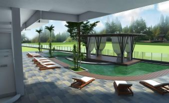 a 3 d rendering of a swimming pool area with lounge chairs and a gazebo in the background at Hotel Grand Baron