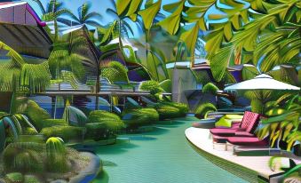 a tropical resort with a large pool surrounded by palm trees , lounge chairs , and umbrellas at Colony Club by Elegant Hotels