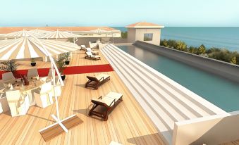 a 3 d rendering of a rooftop deck overlooking the ocean , with lounge chairs and umbrellas arranged around it at Toscana Charme Resort