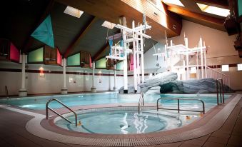 a large indoor swimming pool with a water slide and a hot tub , surrounded by wooden walls at The Wild Boar