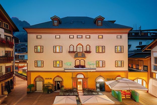 a large building with multiple balconies and windows is illuminated by colorful lights at night at Royal Hotel Cortina