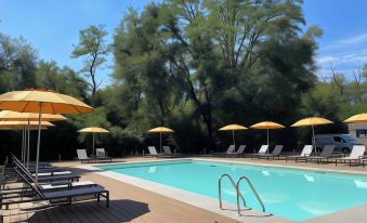 a large swimming pool with umbrellas and sun loungers on a wooden deck surrounded by trees at Belstay Milano Linate