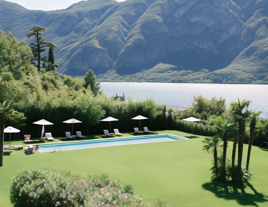 a large pool surrounded by lush green grass and mountains , with several lounge chairs placed around it at Villa Lario Resort Mandello