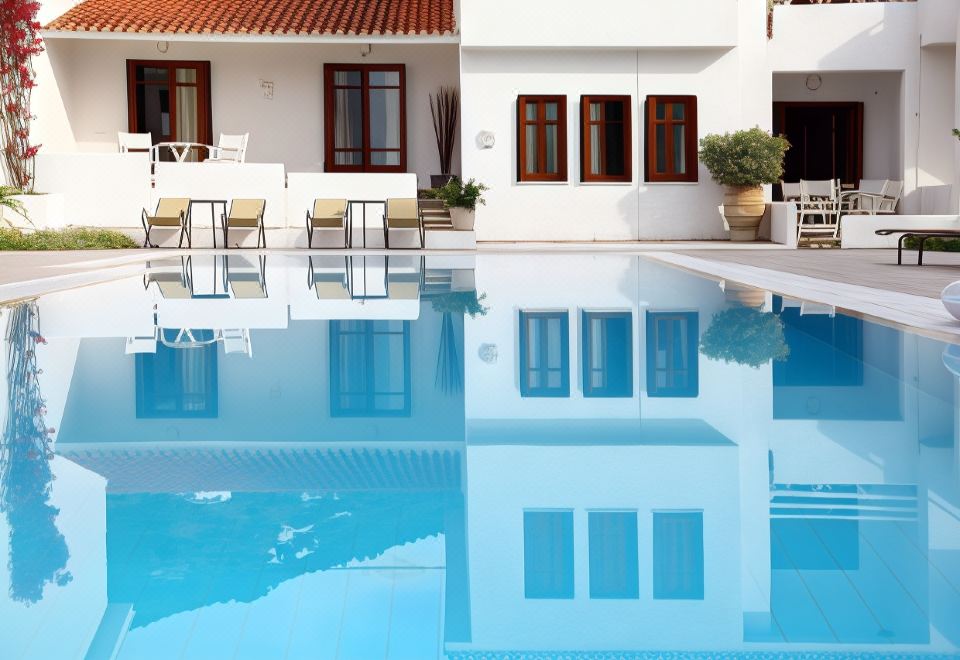 a white house with a swimming pool in the backyard , surrounded by lush green grass at Skopelos Village Hotel