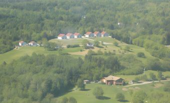 aerial view of a large group of houses nestled in a forested area , surrounded by trees at Chisholms of Troy Coastal Cottages