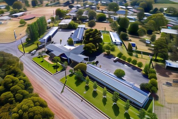 a bird 's eye view of a parking lot with buildings and trees , surrounded by grass at Manjimup Kingsley Motel