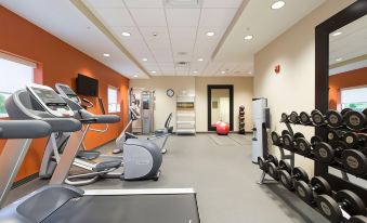a well - equipped gym with various exercise equipment , including treadmills and weightlifting machines , as well as a large window at Home2 Suites by Hilton Canton