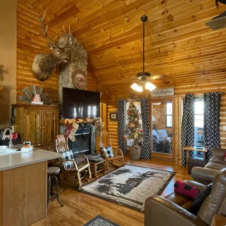 3 Bed Log Cabin, w/2 Jacuzzi, 1 mi to Sdc,  Pool, Nature Trails, Private Lake