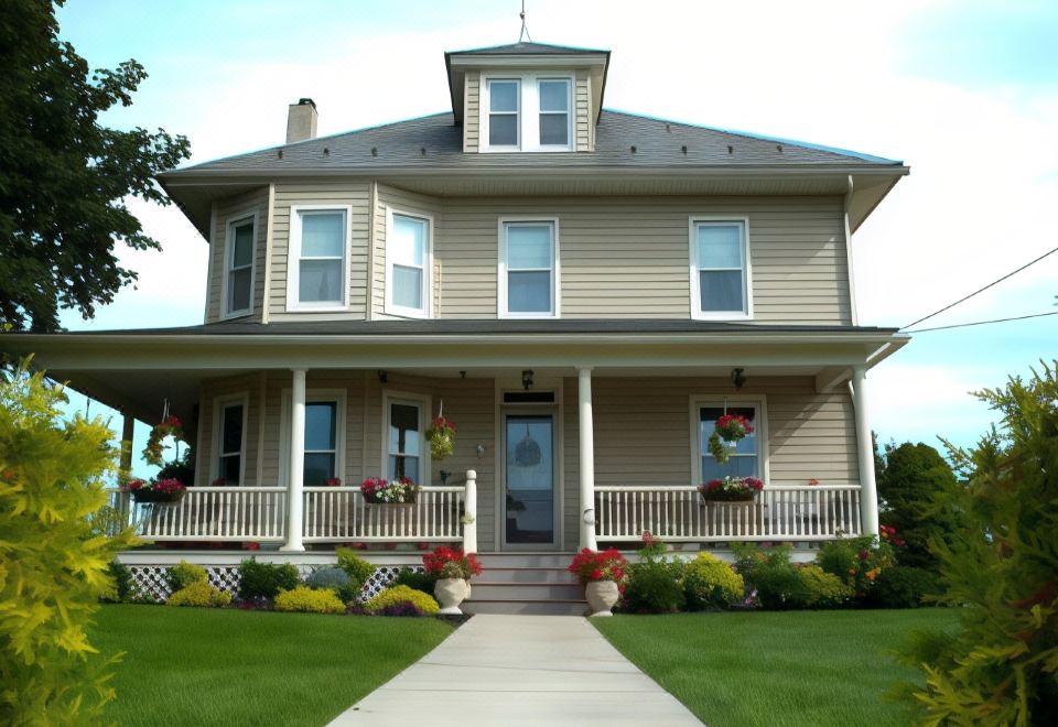 a two - story house with a wrap - around porch and flower pots on the front porch , surrounded by green grass at Country View PA Bed & Breakfast