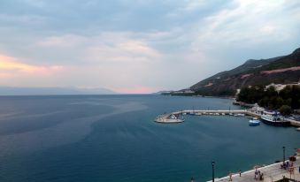 a scenic view of a waterfront with people walking along the path and a small island in the distance at Plaza Hotel