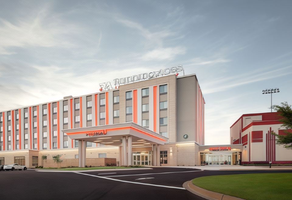 a large hotel building with a red and white exterior , located in a city setting at Running Aces Hotel & Casino Trademark Collection by Wyndham