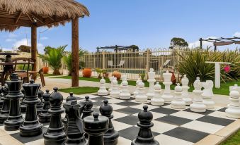 a large chess board with numerous pieces is set up in a grassy area near a pool at The Oxley Estate