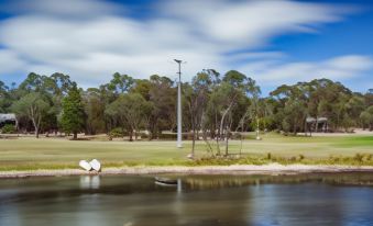 a golf course with a body of water in the foreground , surrounded by trees and grass at Cypress Ridge Cottages