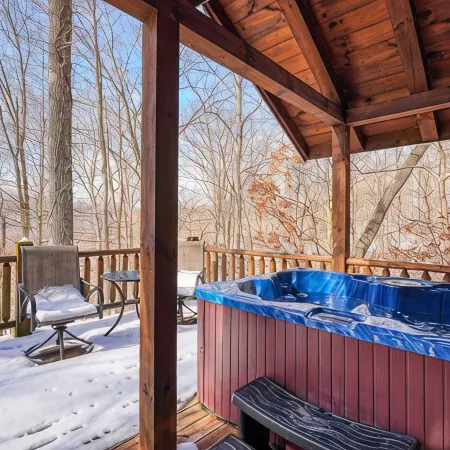 Bear Hugs cabin nestled in the woods.