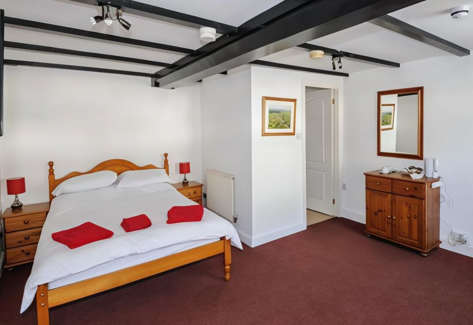 a cozy bedroom with a large bed , red carpet , and white walls , as well as a bathroom door and mirror at George Inn