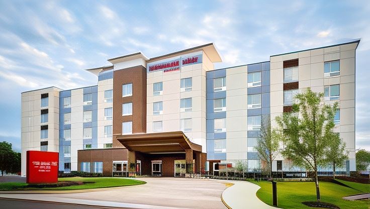 "a large hotel building with a red sign that reads "" hilton garden inn "" on the side" at TownePlace Suites Clovis