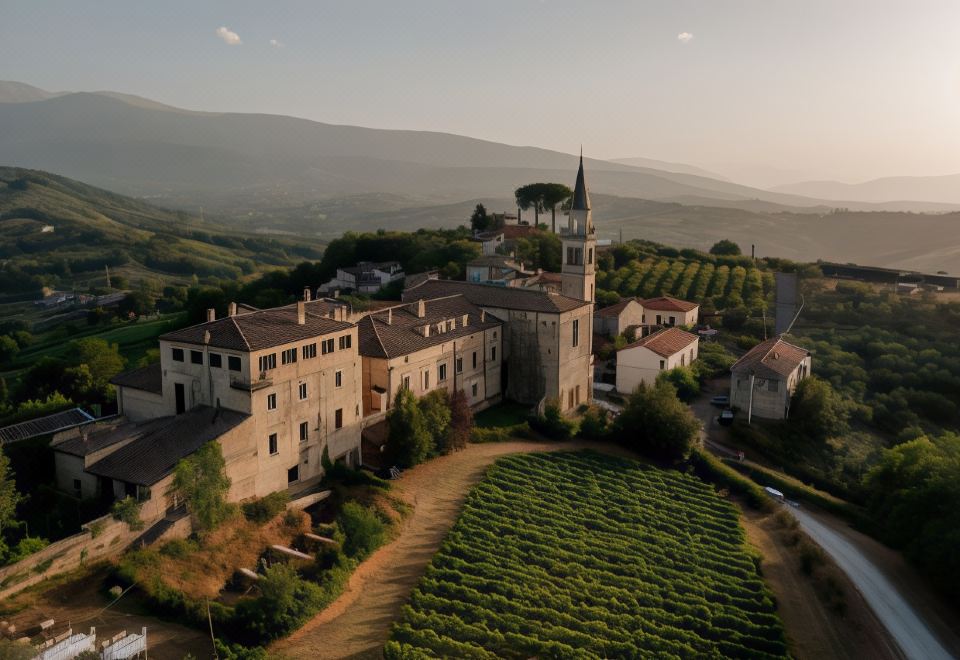 an aerial view of a small town with a church and a vineyard in the foreground at Castello di Semivicoli