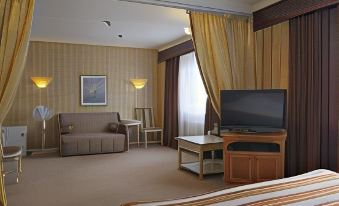 a hotel room with a king - sized bed , a flat - screen tv , and a couch in the corner at Druzhba