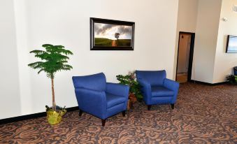 two blue chairs placed in a room with a framed picture on the wall , surrounded by plants and other furniture at Cobblestone Inn & Suites - Holstein