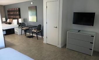 a modern living room with a white door , gray walls , and a flat - screen tv on the wall at Lotus Boutique Inn and Suites