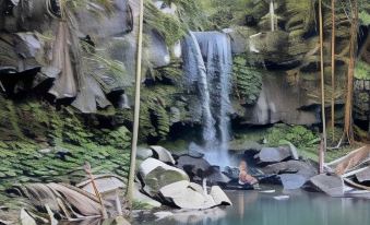 a waterfall cascading down a cliff into a pool , with people sitting on rocks and enjoying the natural beauty at Tambaridge Bed & Breakfast