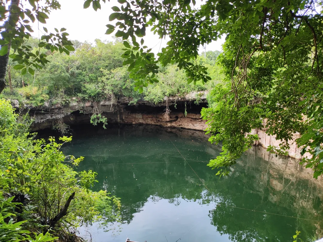 Green water and stone walls at Cenote Kikil