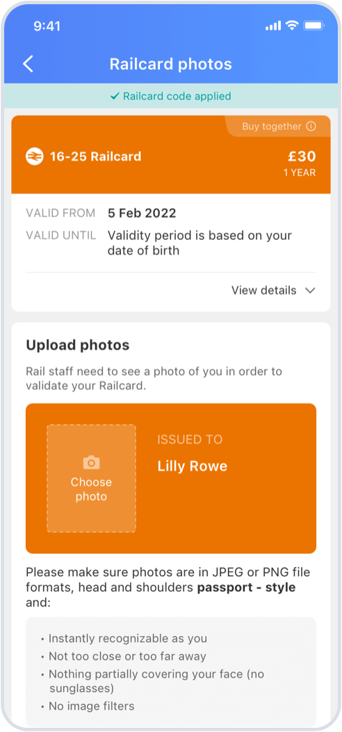 Upload a digital passport-style photo for your Railcard from your phone, some cards also require verification of your ID