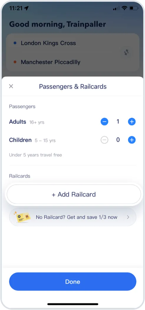 Enter your departure and arrival station, select the start date of your ticket and the number of people travelling, then add your new Railcard to use.