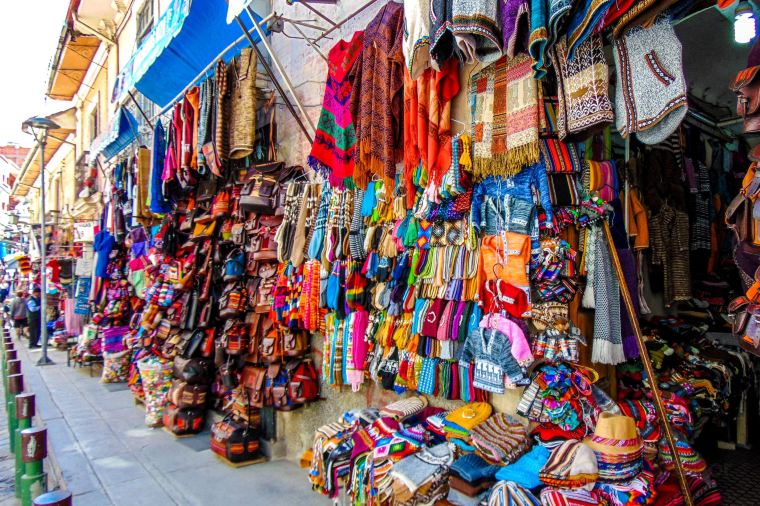 Vibrant shopping scene of Witches' Market in La Paz