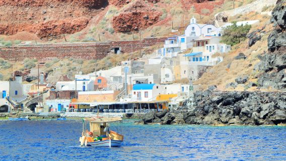 Santorini volcano island cruise + Oia sunset tour with transfer and guide included
