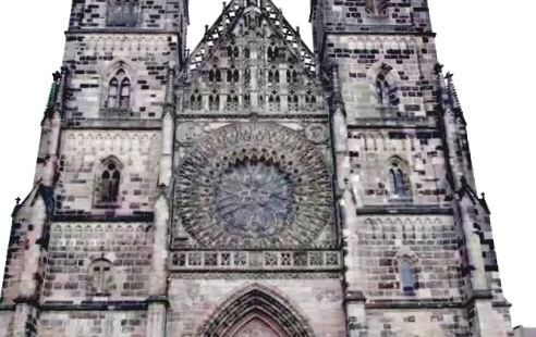 纽伦堡圣劳伦茨教堂很高大巍峨，是一座灰色建筑，现在看外表给人