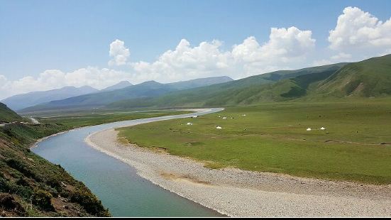 这条河流是祁连草原上的生命之河，沿岸的景色非常不错，河水清澈