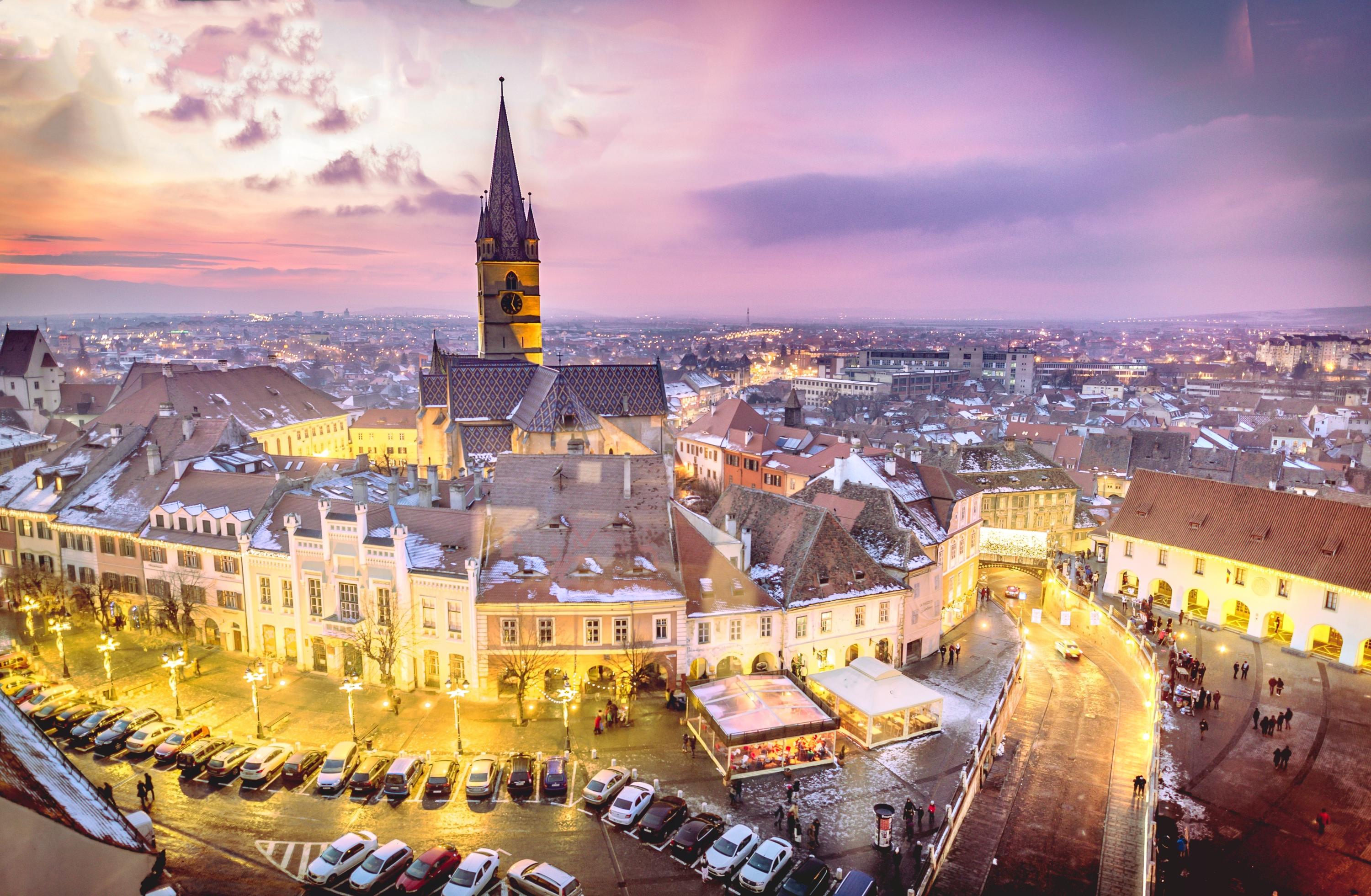 view of a typical street in the center of romanian city sibiu