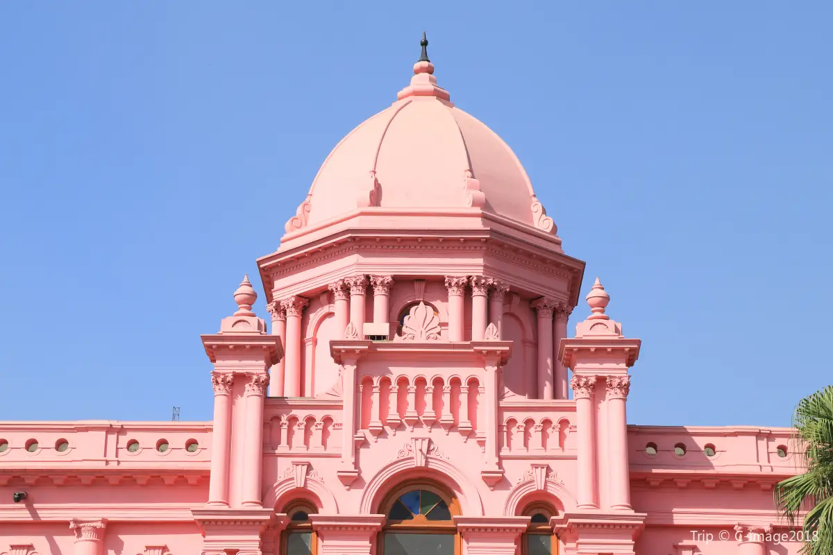 Interior view of the Ahsan Manzil Museum gallery.