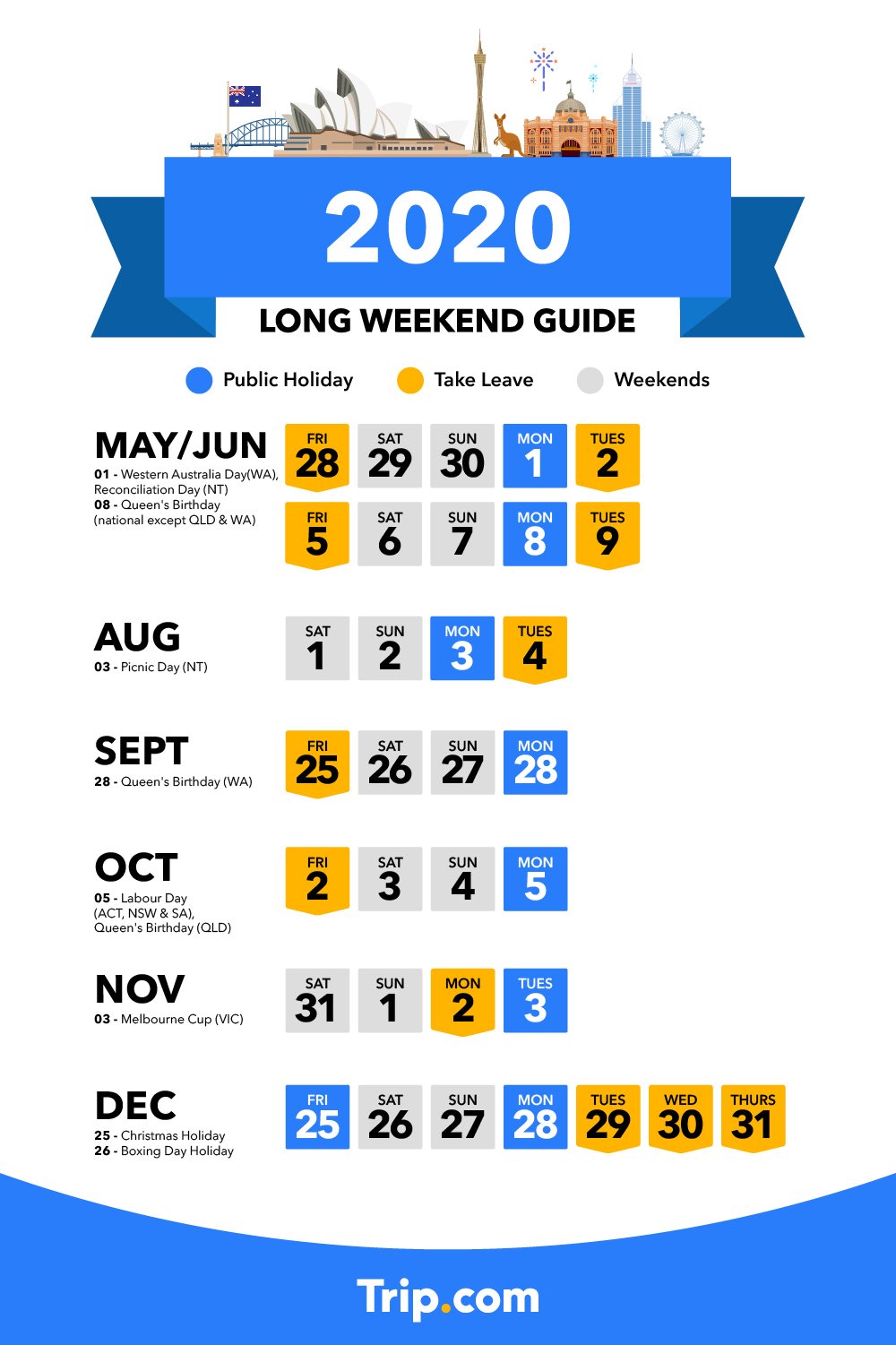 Australia Public Holidays Weekend Calendar