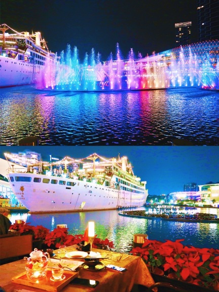 海上世界の豪華クルーズ船、音楽噴水ショーの夜景。上海・外灘