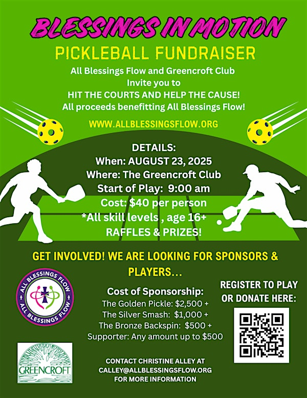 BLESSINGS IN MOTION: Pickleball Tournament and Fund Raiser | Greencroft Club