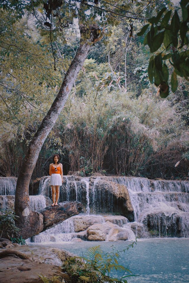 With a drone, see the panoramic view of Kuang Si Falls in Luang Prabang.