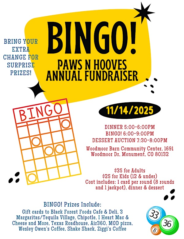 Paws N Hooves Bingo & Tacos | Woodmoor Barn Community Center