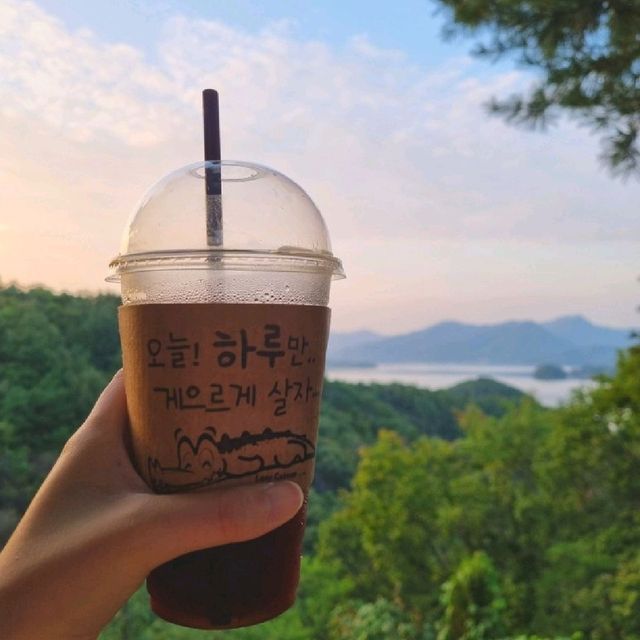 충주호와 악어섬이 내려다보이는 카페_게으른 악어
