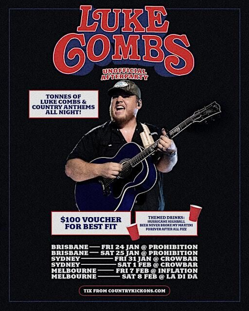 LUKE COMBS AFTERPARTY SYDNEY SAT 1ST FEB - ON SALE | Crowbar Sydney & Ultimate Pig