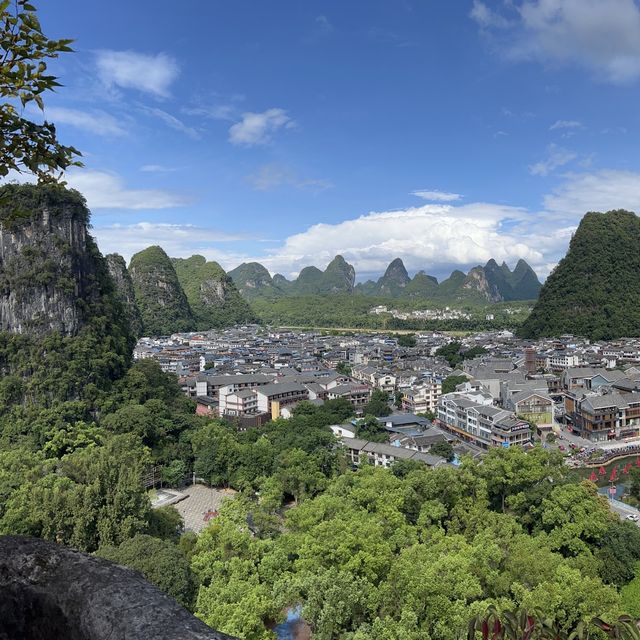 The lit up tower in Yangshuo park