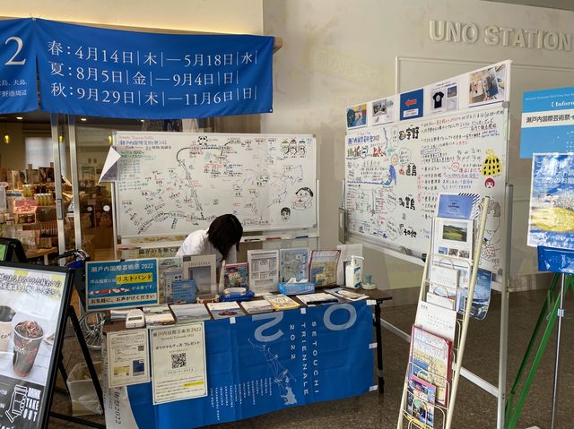 駅舎の壁面塗装はアート作品『JR宇野駅』