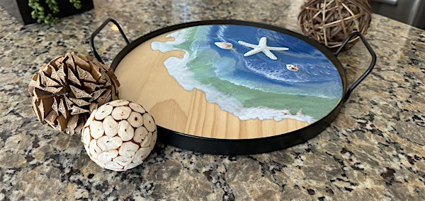 Beach Round Wooden Charcuterie Tray with Metal Base Paint & Sip Art Akron | Nauti Vine Winery